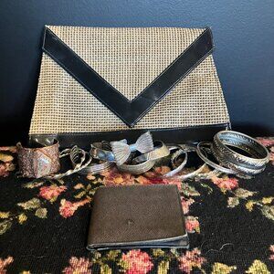 Lot of Fashion Bangles, Wallet, & Vintage Raffia Clutch Purse Costume Jewelry